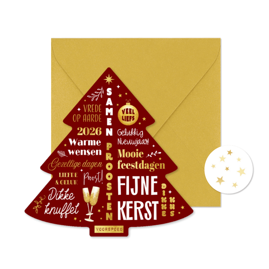 Kerstkaart kerstboom typografisch beste wensen goud - Kaartimpressie