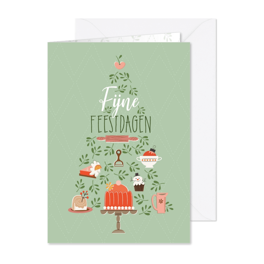 Kerstkaart - kerstboom vol met tekst en lekkernij - Kaartimpressie