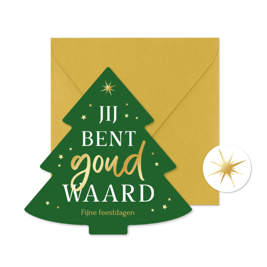 Kerstkaart kerstboom vorm goud waard sterren - Kaartimpressie