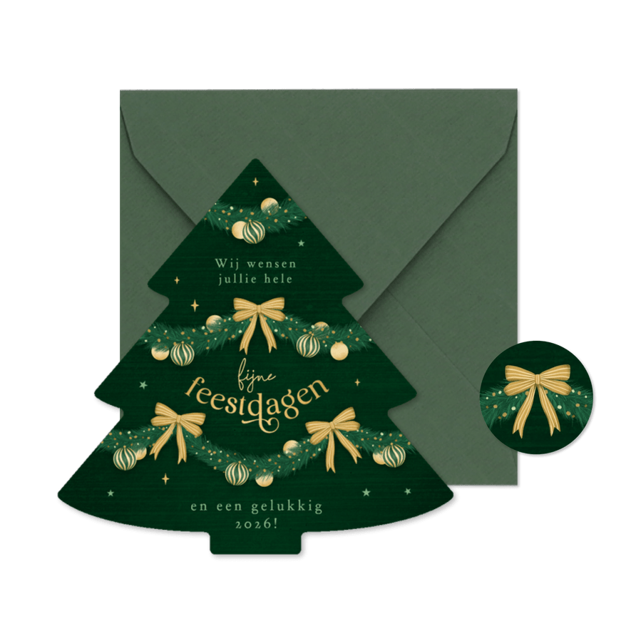 Kerstkaart kerstboom vorm slingers lampjes strikjes kerst - Kaartimpressie