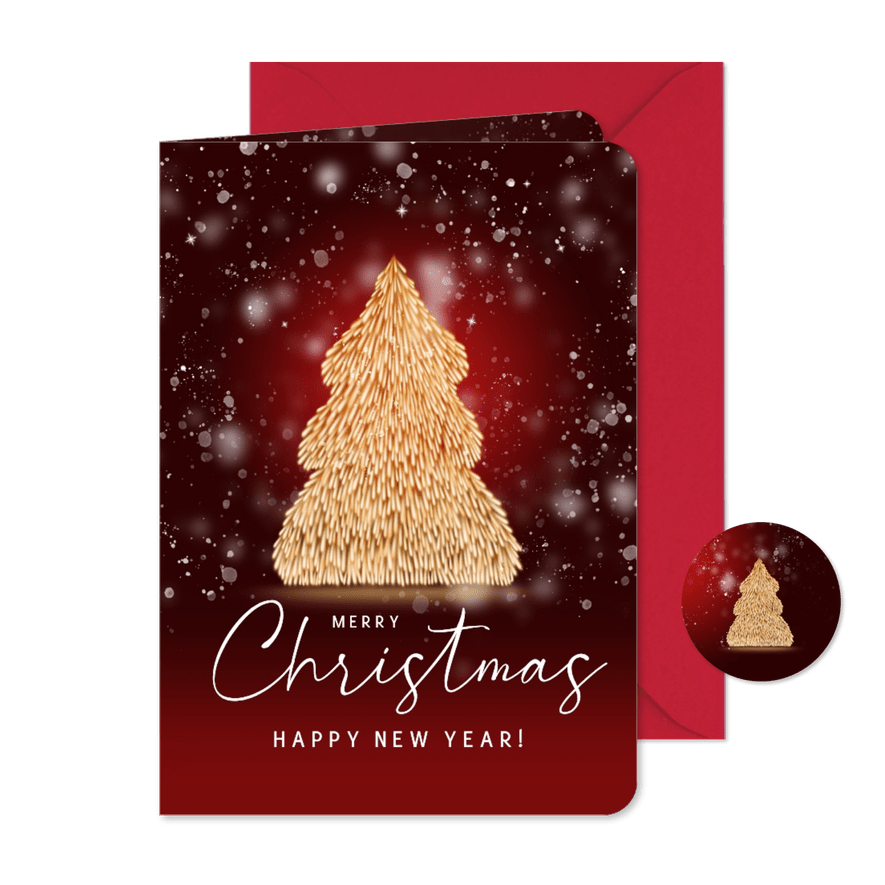 Kerstkaart kerstboom vuurvonken en sneeuw rood - Kaartimpressie