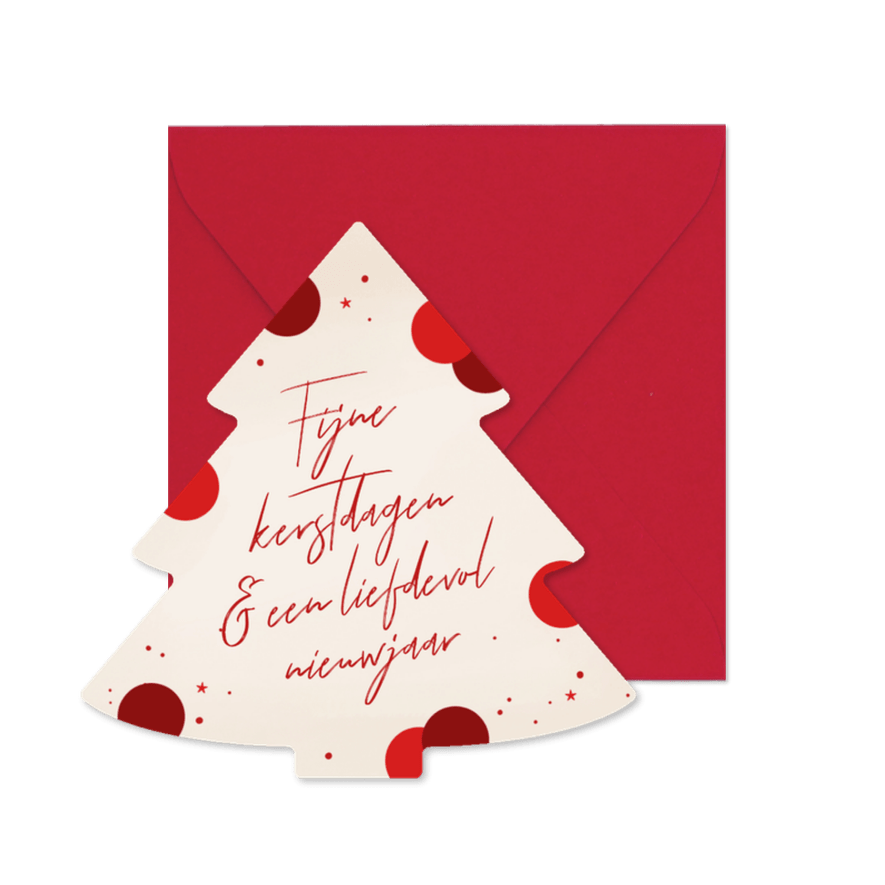 Kerstkaart kerstboomvorm beige met rode confetti - Kaartimpressie