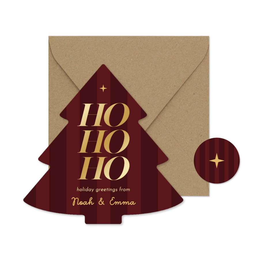 Kerstkaart kerstboomvorm gestreept ho ho ho goud bonprix - Kaartimpressie