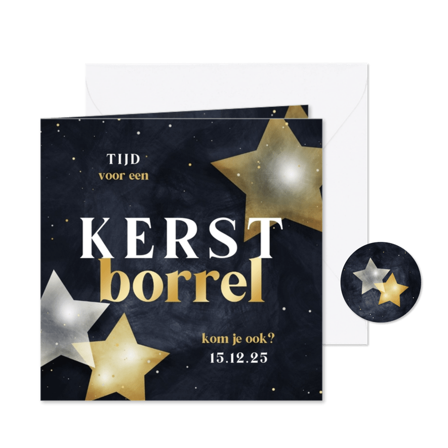 Kerstkaart kerstborrel met sterren donkerblauw met goud - Kaartimpressie