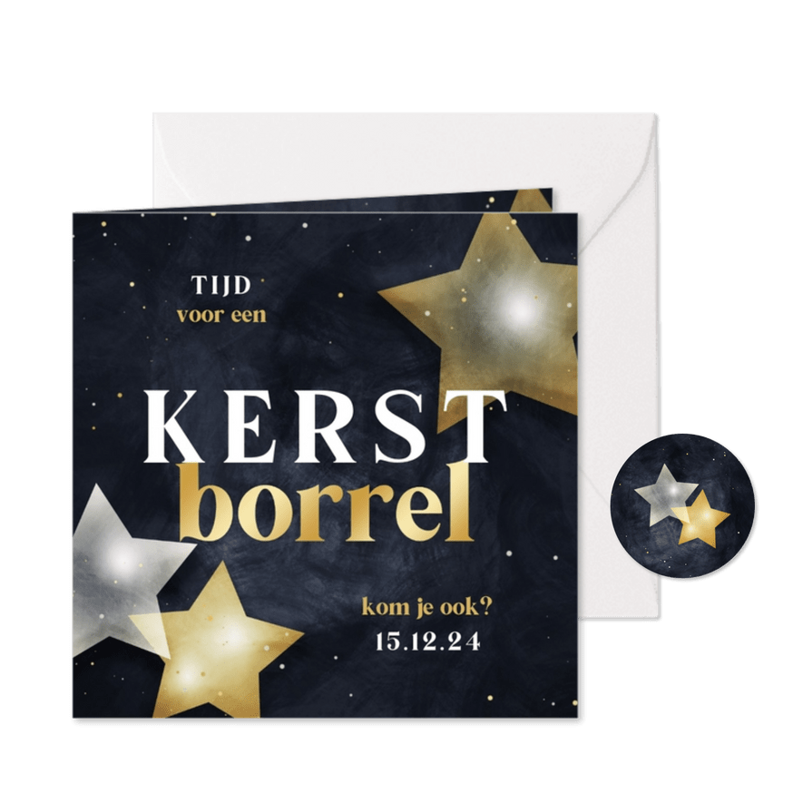 Kerstkaart kerstborrel met sterren donkerblauw met goud - Kaartimpressie