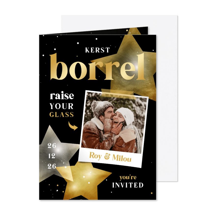 Kerstkaart kerstborrel zwart wit goud met sterren - Kaartimpressie