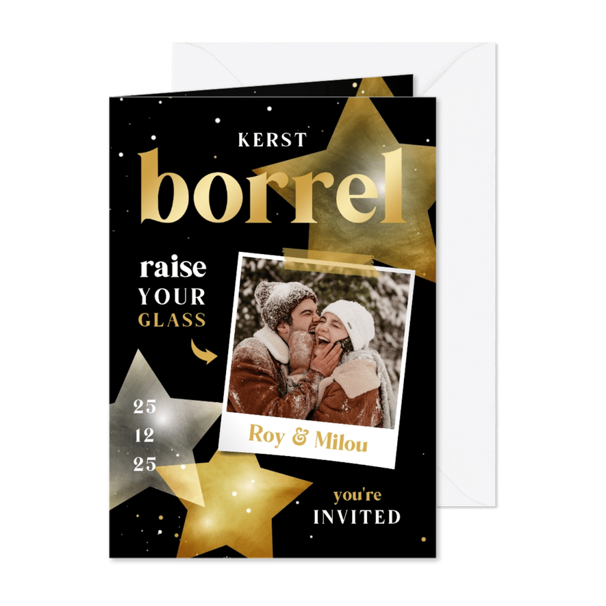Kerstkaart kerstborrel zwart wit goud met sterren - Kaartimpressie