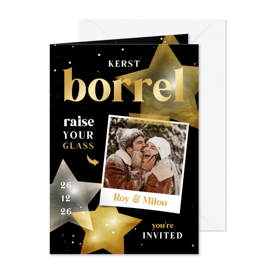 Kerstkaart kerstborrel zwart wit goud met sterren - Kaartimpressie