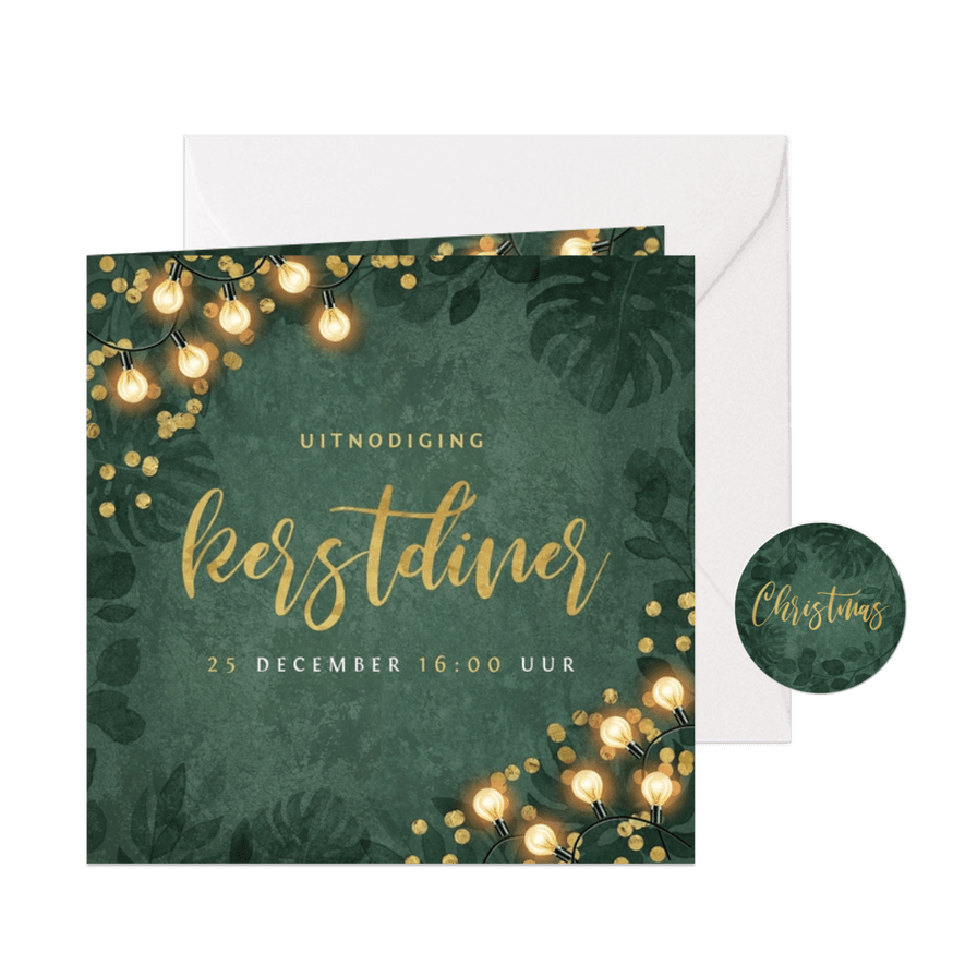 Kerstkaart kerstdiner botanisch goud confetti uitnodiging - Kaartimpressie