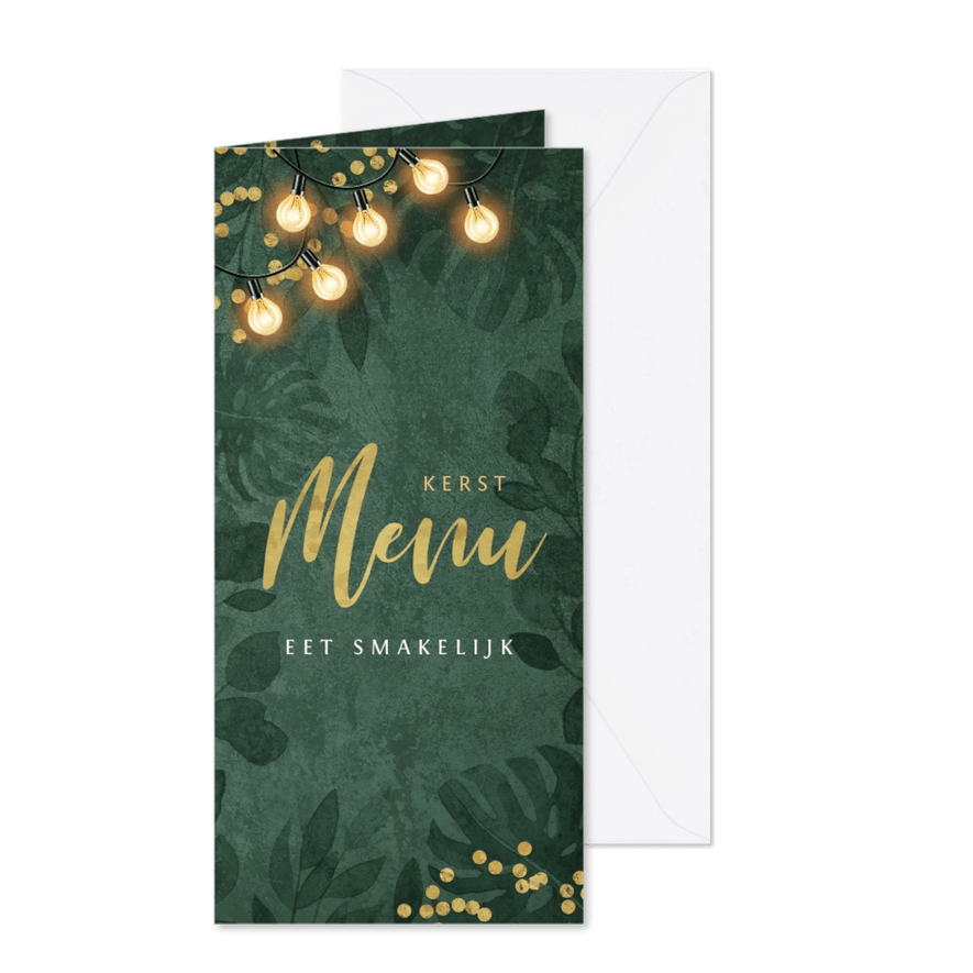 Kerstkaart kerstdiner menukaart botanisch goud confetti - Kaartimpressie