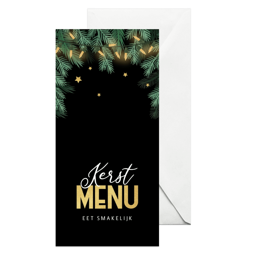 Kerstkaart kerstdiner menukaart goud dennentakjes lampjes - Kaartimpressie