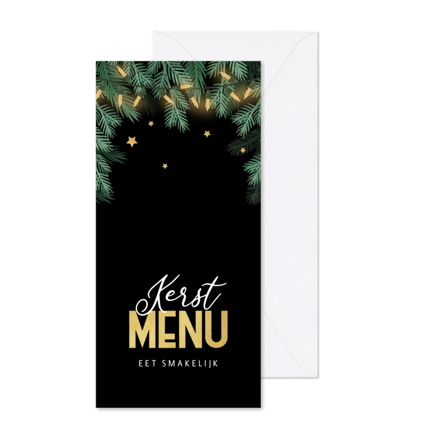 Kerstkaart kerstdiner menukaart goud dennentakjes lampjes - Kaartimpressie