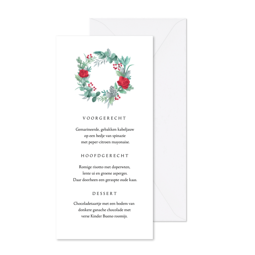 Kerstkaart kerstdiner menukaart krans rozen foto sneeuw - Kaartimpressie