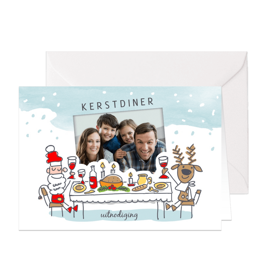 Kerstkaart kerstdiner met kerstman en rendier aan tafel - Kaartimpressie