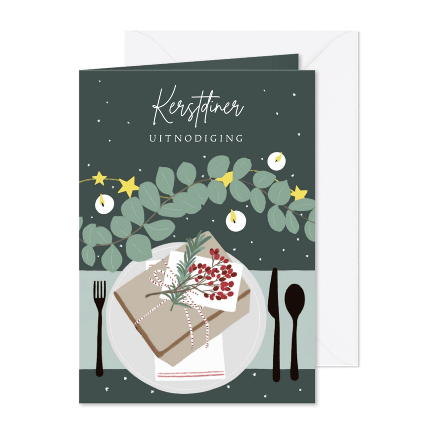 Kerstkaart kerstdiner tafel met kerstversiering - Kaartimpressie