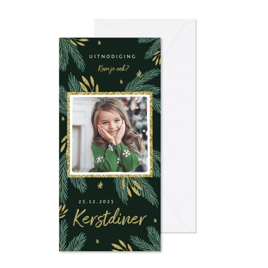 Kerstkaart kerstdiner uitnodiging winter foto takjes goud - Kaartimpressie