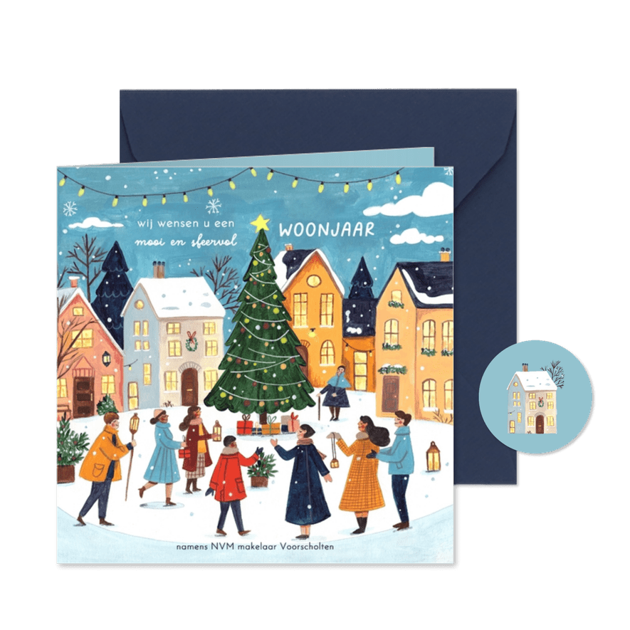 Kerstkaart kerstdorp en kerstboom in de sneeuw - Kaartimpressie