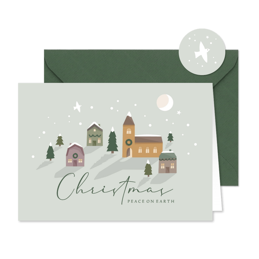 Kerstkaart kerstdorp en sneeuw - Kaartimpressie