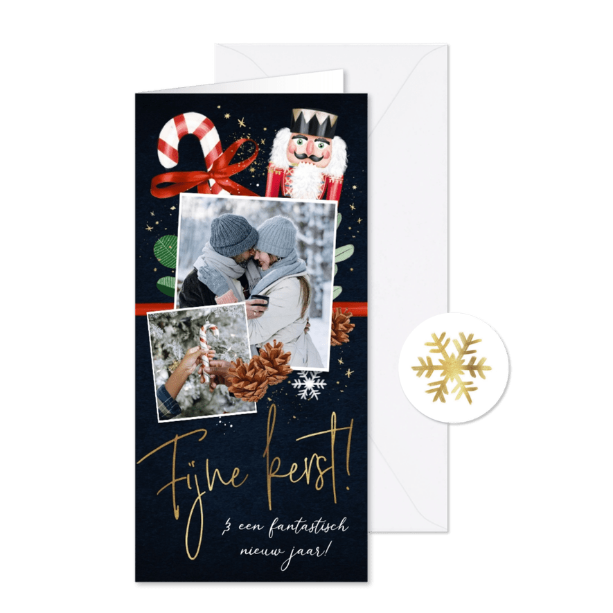 Kerstkaart kerstelementen notenkraker denneappel foto's goud - Kaartimpressie