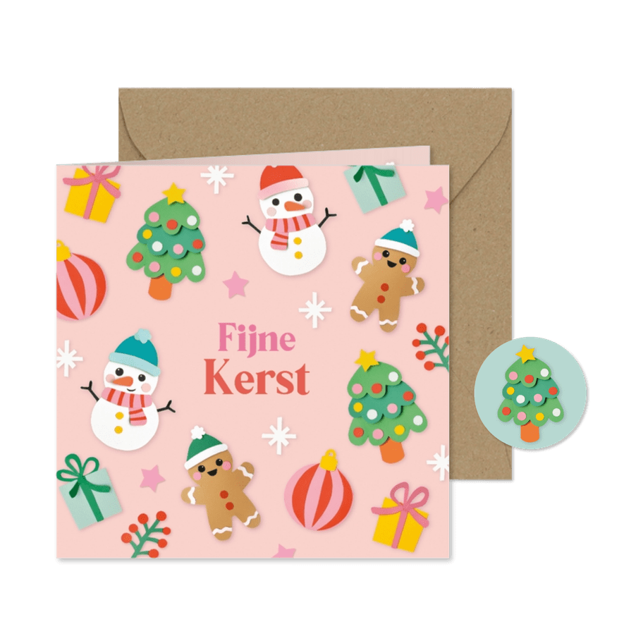 Kerstkaart kerstfiguren zalmroze - Kaartimpressie