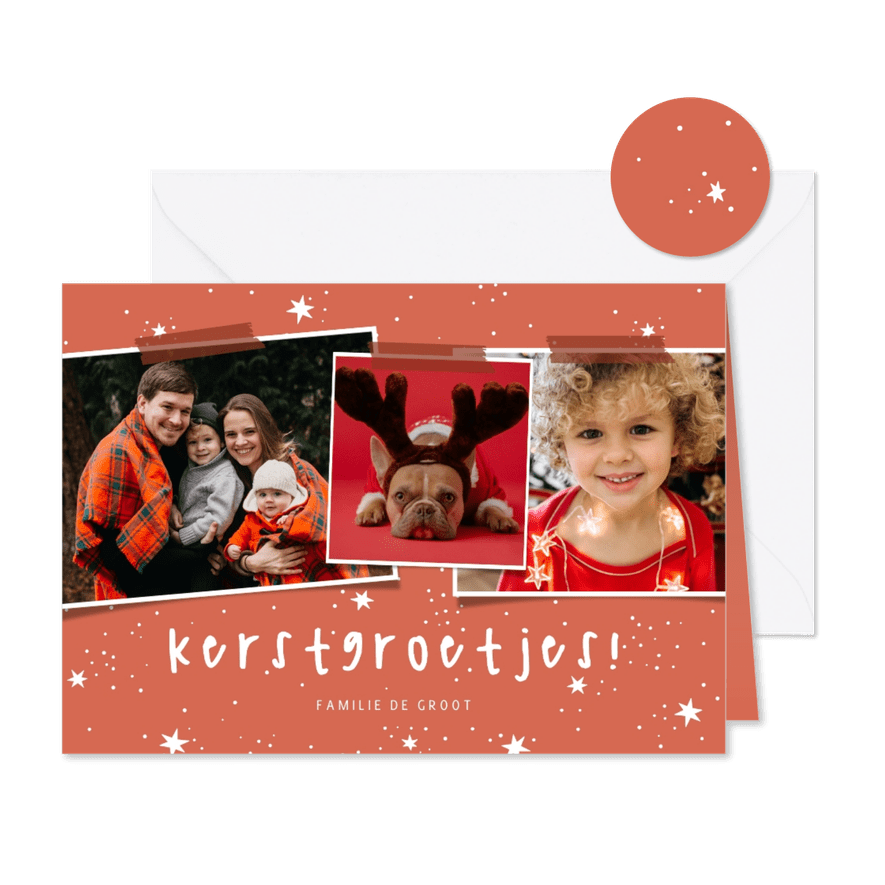Kerstkaart kerstgroetjes sterretjes met 3 foto's - Kaartimpressie