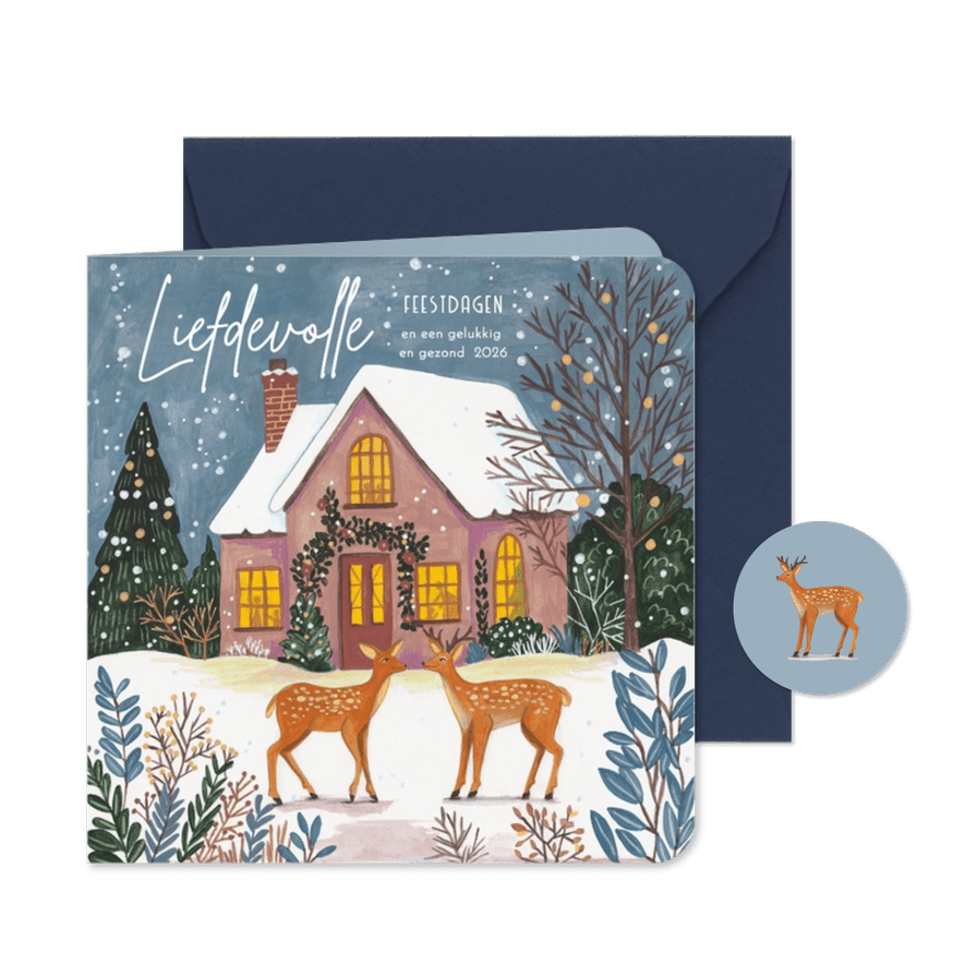 Kerstkaart kersthuisje in de sneeuw met hertjes - Kaartimpressie