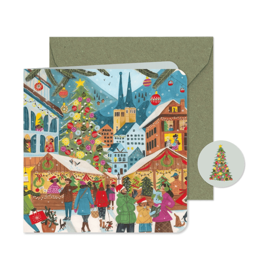 Kerstkaart kersthuisjes en kerk in berg landschap - Kaartimpressie