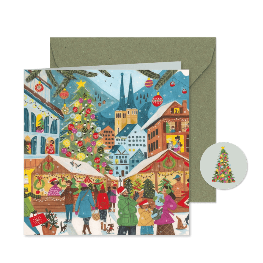 Kerstkaart kersthuisjes en kerk in berg landschap - Kaartimpressie