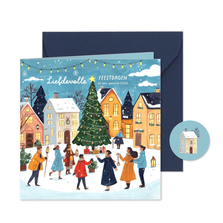 Kerstkaart kersthuisjes en kerstboom in de sneeuw - Kaartimpressie