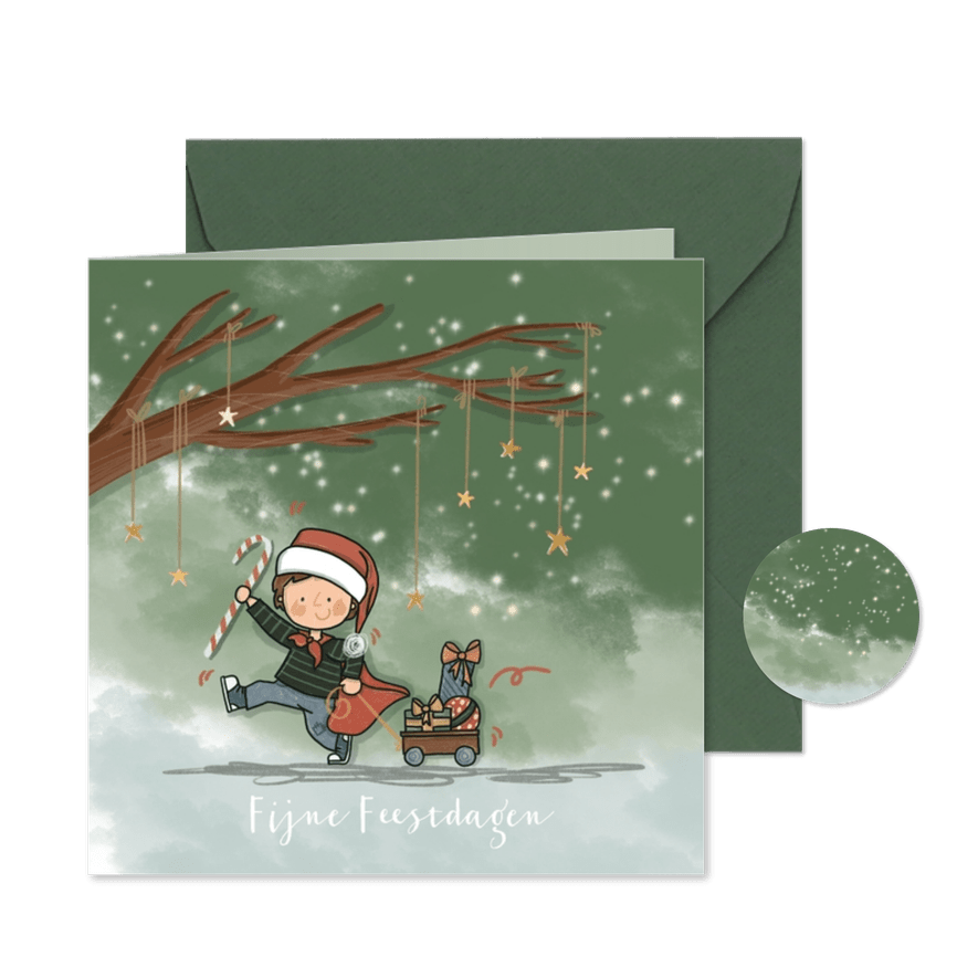 Kerstkaart kerstjongen met cadeaus - Kaartimpressie
