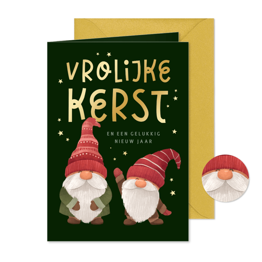 Kerstkaart kerstkabouters vrolijke kerst sterren goud hip - Kaartimpressie