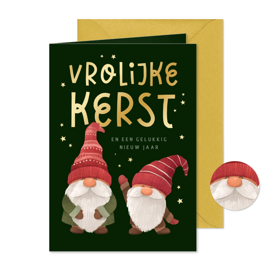 Kerstkaart kerstkabouters vrolijke kerst sterren goud hip - Kaartimpressie