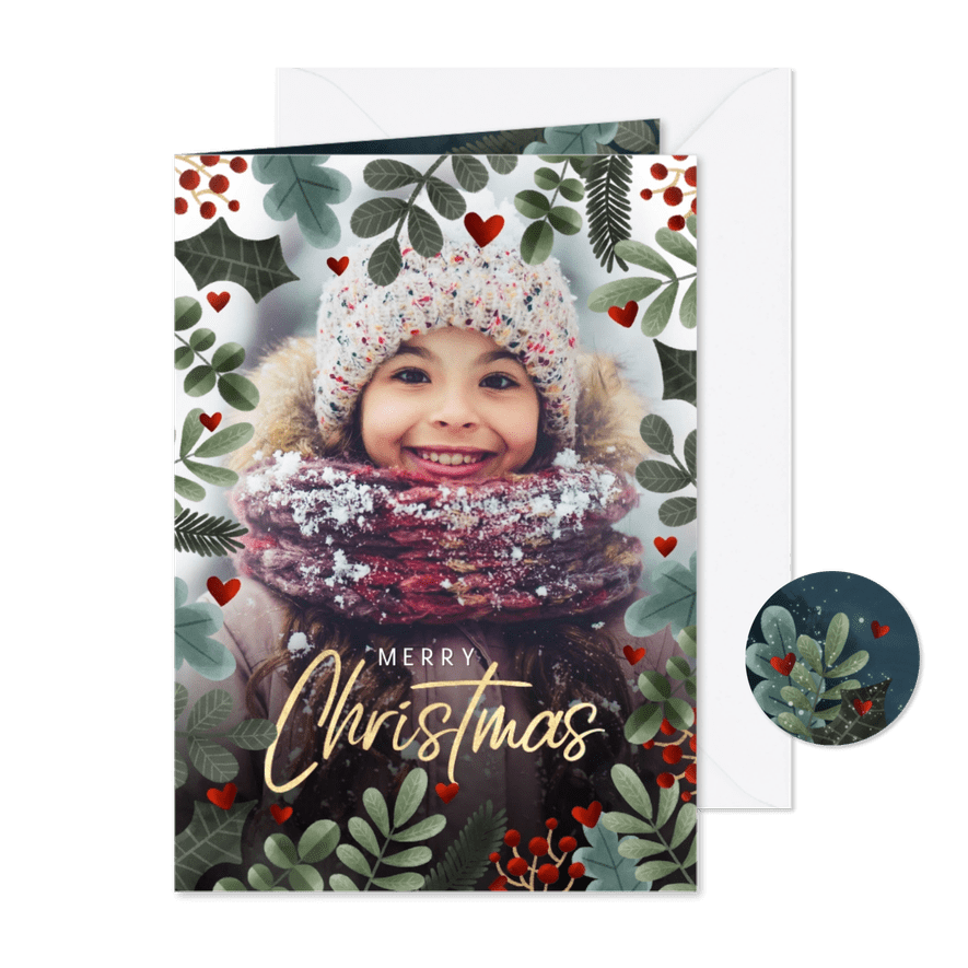 Kerstkaart kerstkader, grote foto, hartjes 'Merry Christmas' - Kaartimpressie