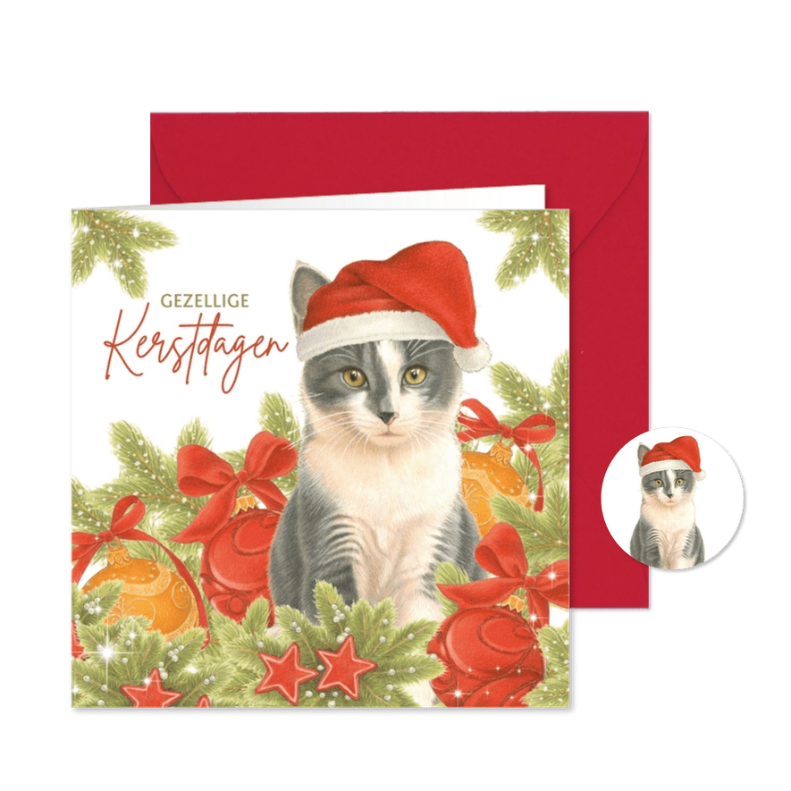 Kerstkaart Kerstkitten met kerstmuts en kerstballen - Kaartimpressie