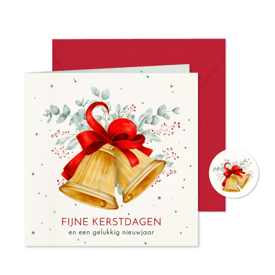 Kerstkaart kerstklokken met rode strik - Kaartimpressie