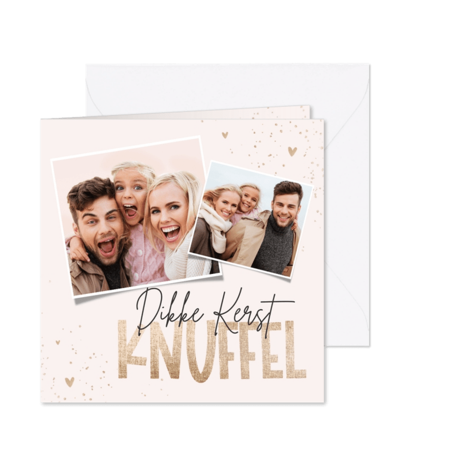 Kerstkaart kerstknuffel goud hartjes foto spetters roze - Kaartimpressie
