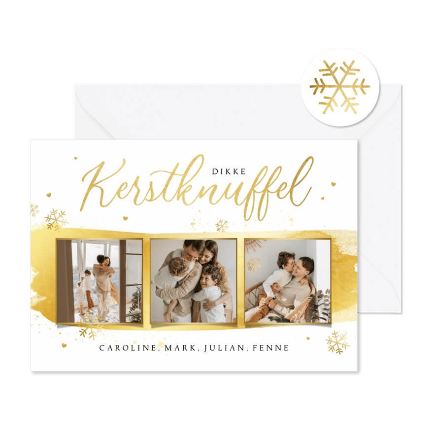 Kerstkaart kerstknuffel goud verf foto sneeuw hartjes liefde - Kaartimpressie