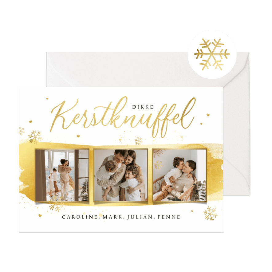 Kerstkaart kerstknuffel goud verf foto sneeuw hartjes liefde - Kaartimpressie