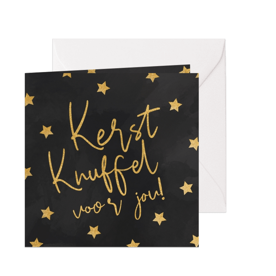 Kerstkaart kerstknuffel gouden glitter en sterren  - Kaartimpressie