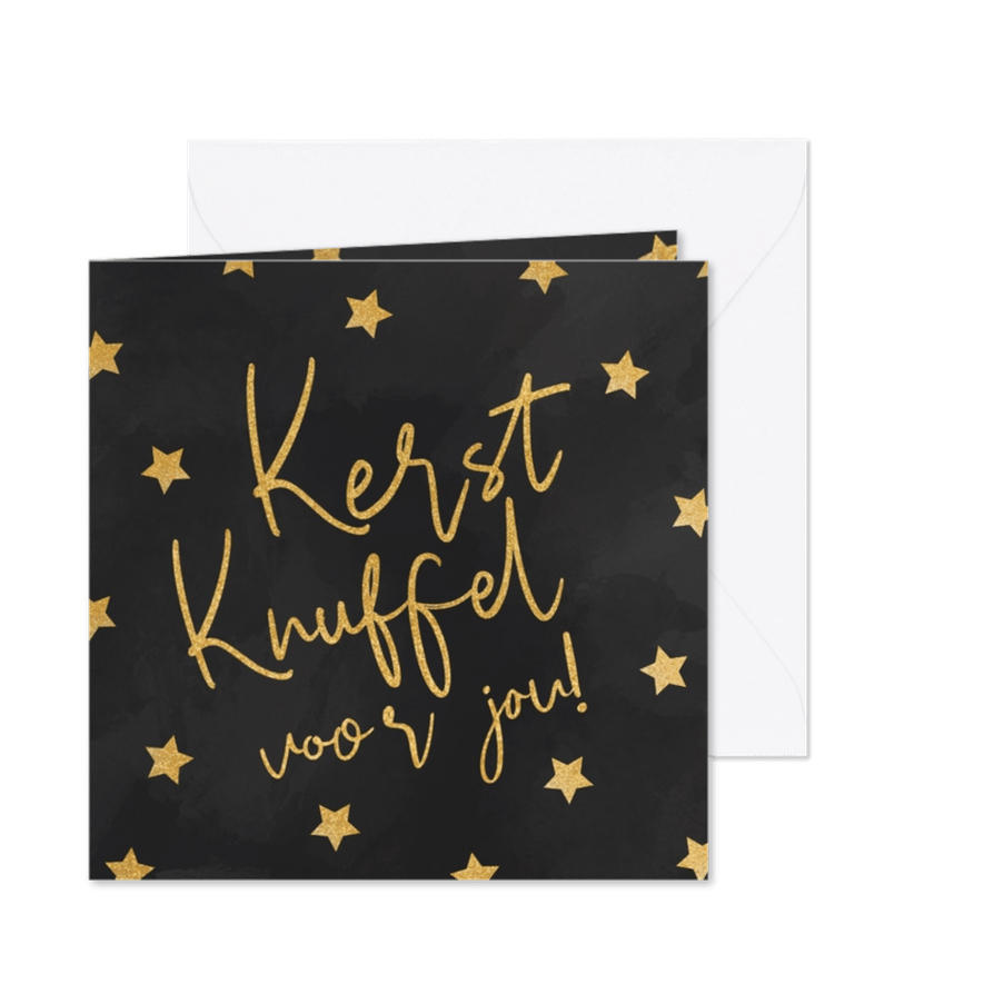 Kerstkaart kerstknuffel gouden glitter en sterren - Kaartimpressie