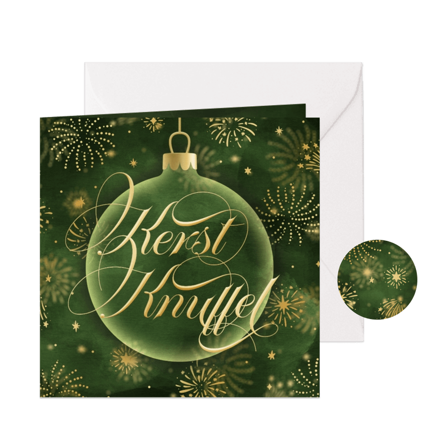 Kerstkaart kerstknuffel kerstbal groen met vuurwerk klassiek - Kaartimpressie