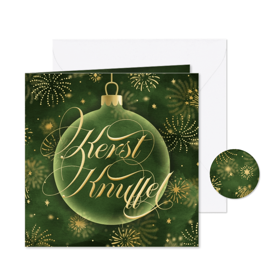Kerstkaart kerstknuffel kerstbal groen met vuurwerk klassiek - Kaartimpressie