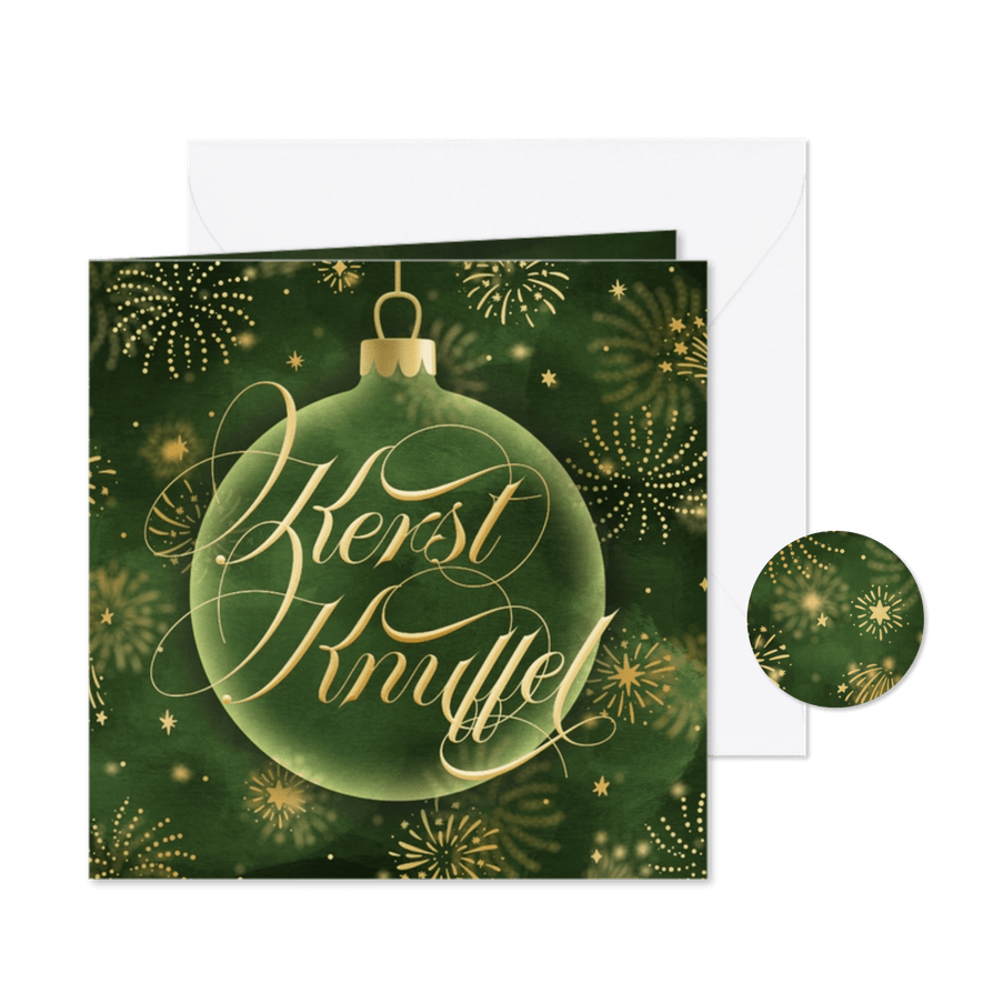 Kerstkaart kerstknuffel kerstbal groen met vuurwerk klassiek - Kaartimpressie