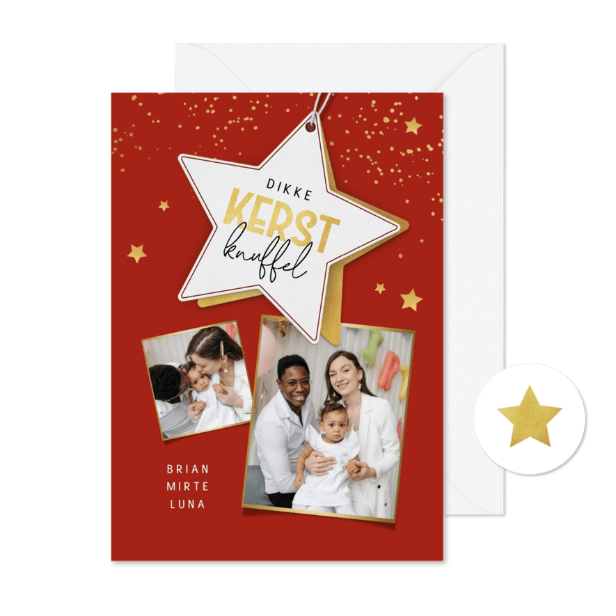 Kerstkaart kerstknuffel label sterren goud foto's - Kaartimpressie