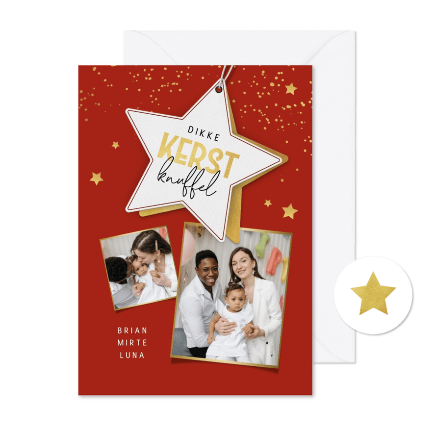 Kerstkaart kerstknuffel label sterren goud foto's - Kaartimpressie