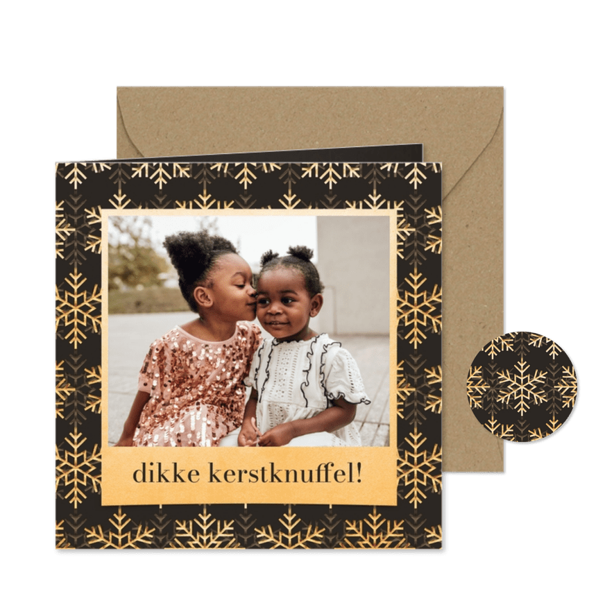 Kerstkaart kerstknuffel met foto en gouden sneeuwvlokken - Kaartimpressie