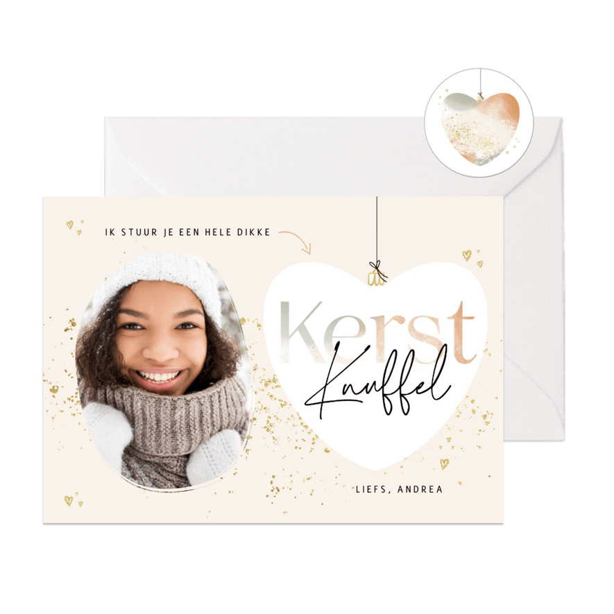 Kerstkaart kerstknuffel met foto goudlook en kerstbal hartje - Kaartimpressie