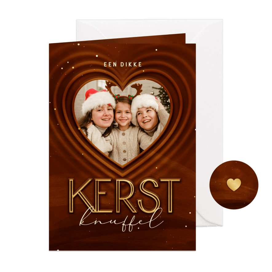 Kerstkaart kerstknuffel met foto in hart op achtergrond - Kaartimpressie