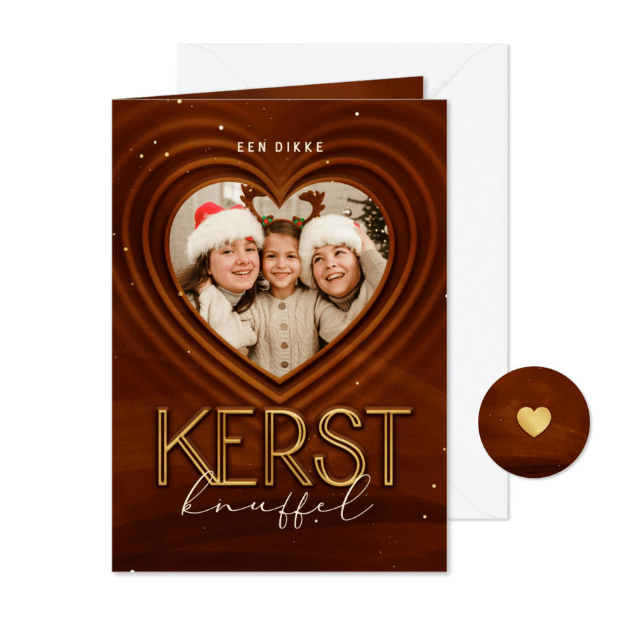 Kerstkaart kerstknuffel met foto in hart op achtergrond - Kaartimpressie