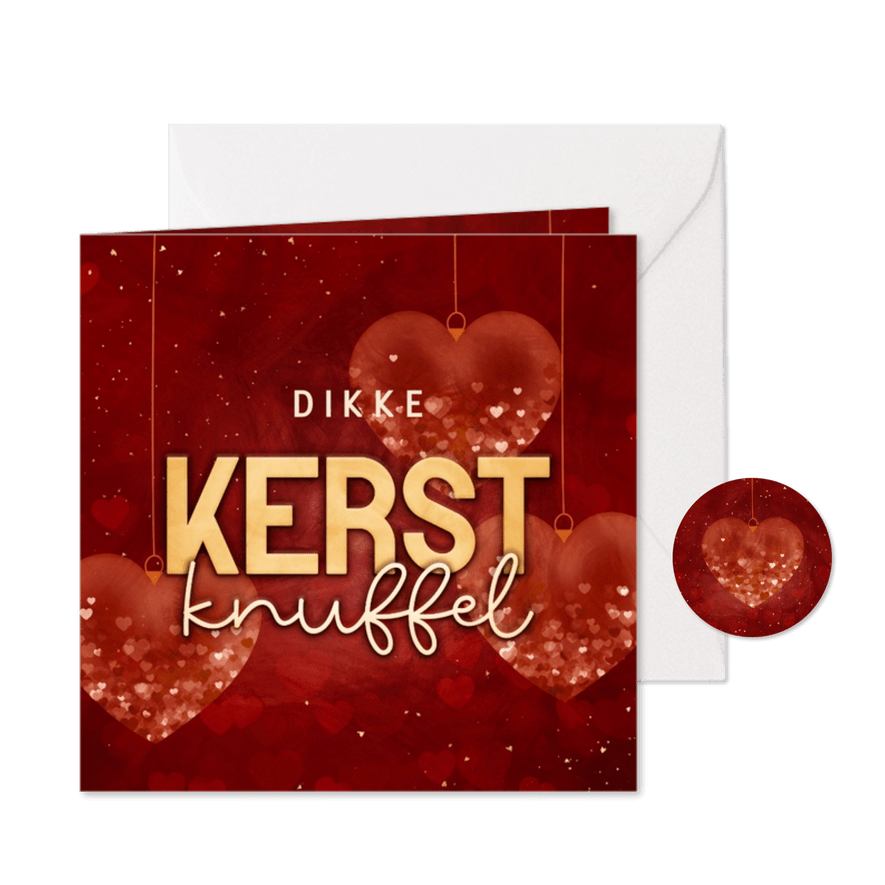 Kerstkaart kerstknuffel met hartjes kerstballen rood - Kaartimpressie